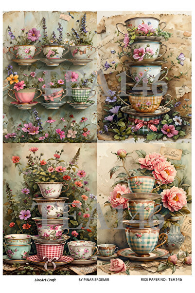 LİNEART Çay Partisi Serisi TEA146 Fincan, Çiçek Desenli 29*42 cm Pirinç Dekopaj