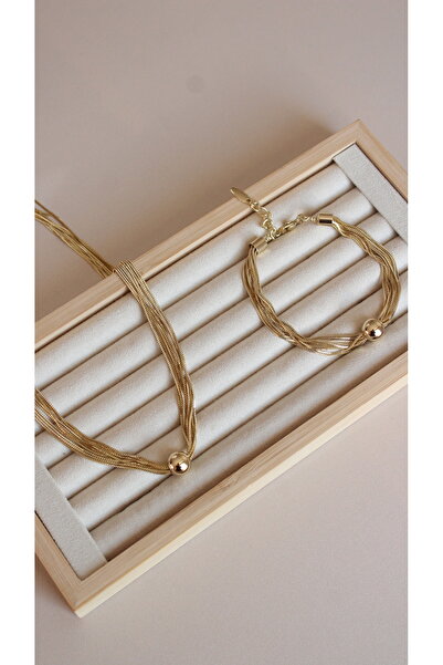 Tişt Accessory Xupıng İnce Çoklu Zincir Ucu Top Bileklik Kolye Çelik Set (Kolye 45 cm +5 cm Bileklik 17-19 cm )