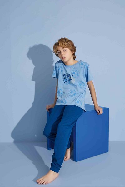 Tarık Boy's Goal T-Shirt Long Bottom Combed Single Jersey Crew Neck Medium Thick Pajama Set-3936