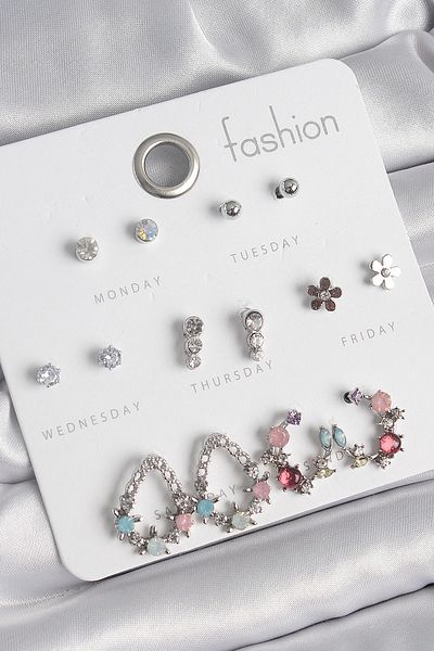 lumossia Brass Silver Color Zircon Stone Drop Model Flower Detail 7 Pairs Women's Earring Set