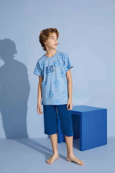 Tarık Boy's Goal T-Shirt Bermuda Bottom Combed Single Jersey Crew Neck Medium Thick Pajama Set-3938