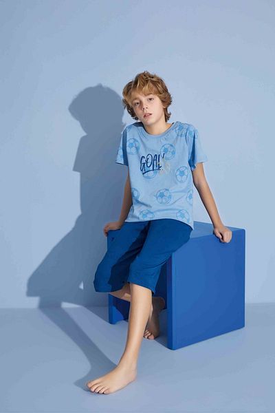 Tarık Boy's Goal T-Shirt Bermuda Bottom Combed Single Jersey Crew Neck Medium Thick Pajama Set-3938