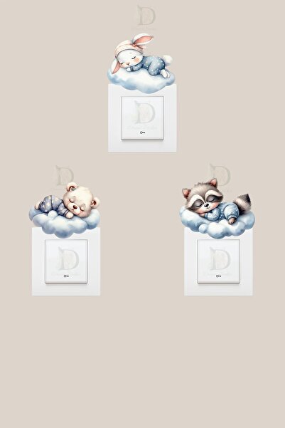 KT Decor Cute Animals Sleeping in the Cloud Children's Room 3-Piece Socket Sticker Set