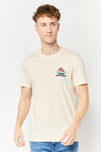 CELIO Men Crew Neck Short Sleeve Graphic Print T-shirt, Beige