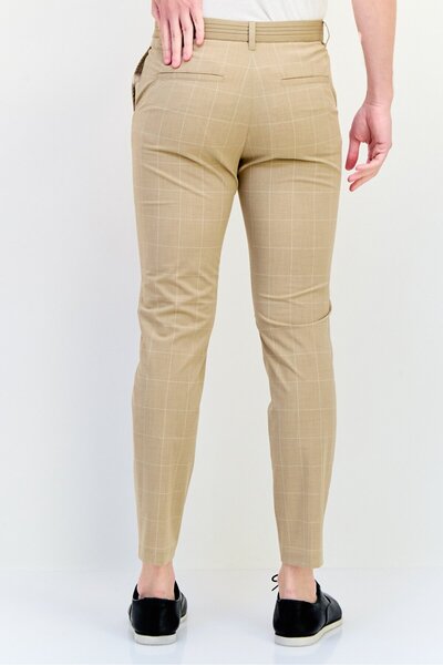 CELIO Men Stretch Fit Checkered Stretchable Chino Pants, Beige