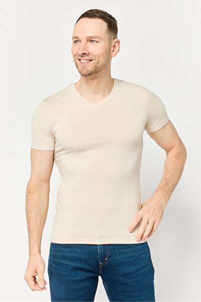 CELIO Men V Neck Short Sleeve Plain T-Shirt, Beige
