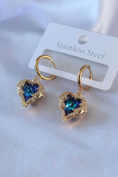 Skygo 316L Steel Gold Color Blue Crystal Stone Heart Model Zircon Stone Women's Earrings - TJ-BKP7759