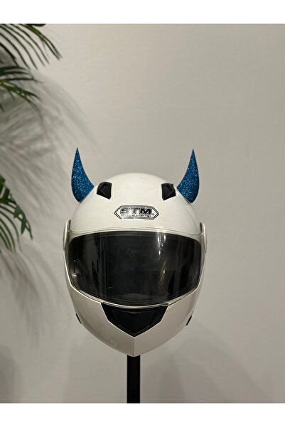 Butik Motor & Motosiklet Simli Petrol Mavi Şeytan Boynuzu Kask Dış Aksesuar