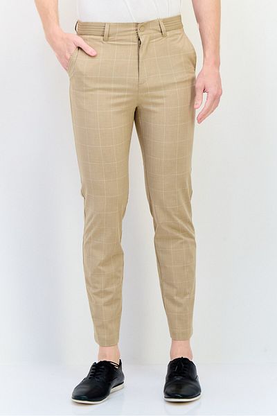 CELIO Men Stretch Fit Checkered Stretchable Chino Pants, Beige