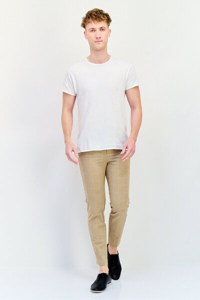 CELIO Men Stretch Fit Checkered Stretchable Chino Pants, Beige