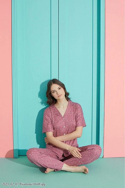 Pijamoni Women's Front Buttoned Milan Fabric Shirt Collar D. Dusty Rose Pajama Set - 7515
