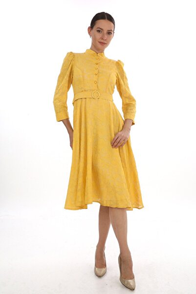 Budvaa Dantel Dokulu Hakim Yaka Kuşaklı Midi Elbise