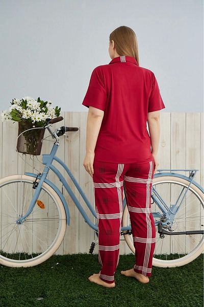 Pijamoni Large Size Milan Fabric Front Buttoned Red Women's Pajama Set-7560