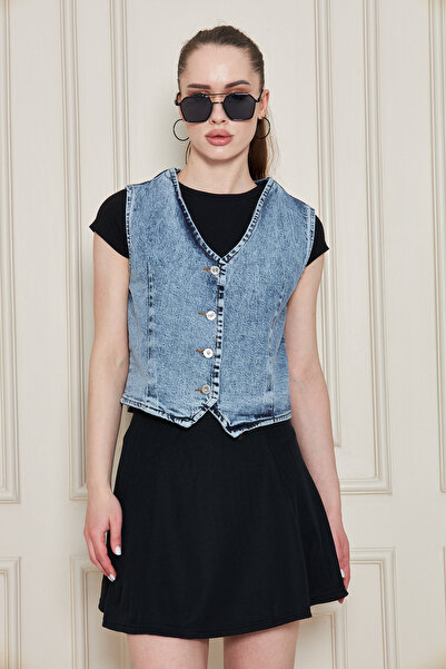 Kutaf Vestă de blugi crop albastră