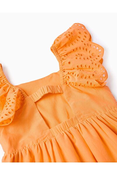 Ziddy Cotton Dress with Frills and Broderie Anglaise for Girls, Orange