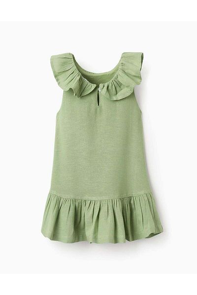Ziddy Dress with Ruffles in Viscose, Cotton and Linen for Baby Girls, Green