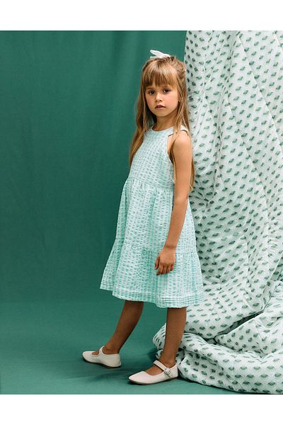 Ziddy Vichy Textured Dress for Girls 'B&S', Aqua Green/White