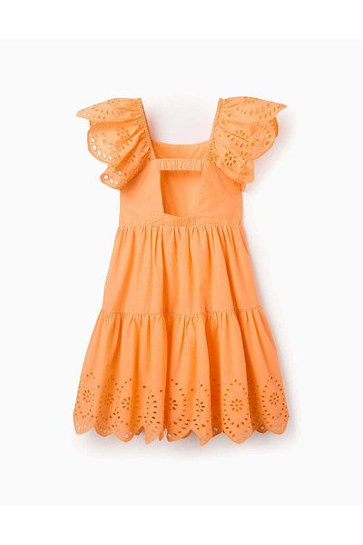 Ziddy Cotton Dress with Frills and Broderie Anglaise for Girls, Orange