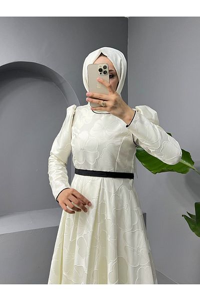 Modamorfo Ζώνη Μπαλόνι Φούστα Cold Print Kaftan Βραδινό Φόρεμα -λευκό