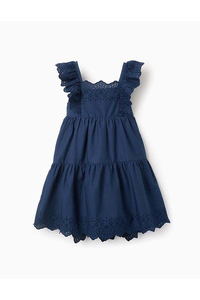 Ziddy Dress with Ruffles and Broderie Anglaise for Girls, Blue
