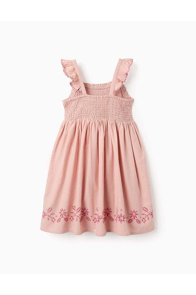 Ziddy Dress with Texture and Cross-Stitch Embroidery for Girls, Pink
