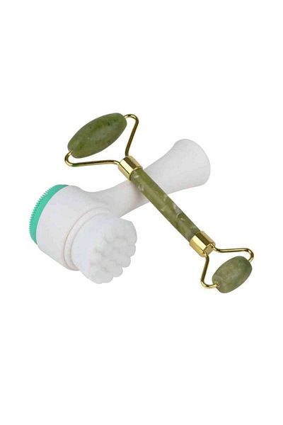 ABYZ Beauty Set Facial Massage, Cleansing Brush And Massage Stone White/green