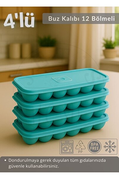 Jet's Home 4'lü Set Buz Kalıbı 12 Bölmeli Silikon Buz Küpü BPA FREE Kare Bas ...