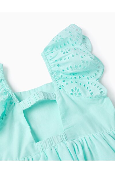 Ziddy Cotton Dress with Broderie Anglaise for Girls, Light Blue