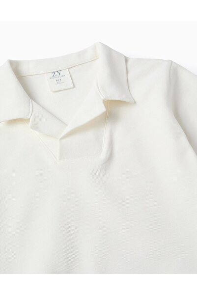 Ziddy Cotton Piqué T-shirt with V Neck for Boys, White