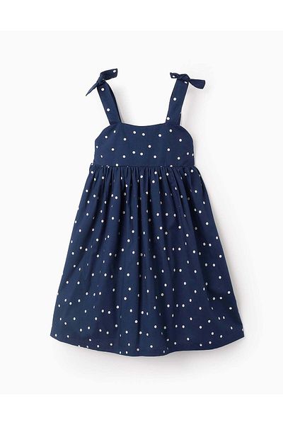 Ziddy Polka Dot Poplin Dress for Girls, Dark Blue