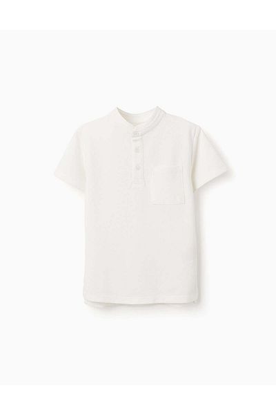 Ziddy Cotton Polo Shirt with Mao Collar for Boys, White