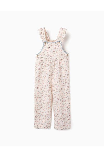 Ziddy Floral Dungarees for Girls, Beige/Pink/Blue