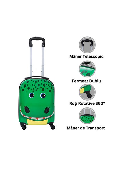 Velixo Kids Travel Trolley With Extendable Handle, 4x 360° Wheels, Double Zipper, Anti-shock Case,crocodile