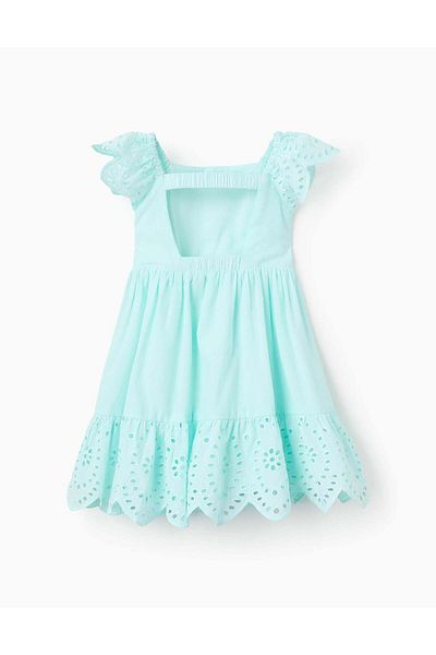 Ziddy Cotton Dress with Broderie Anglaise for Baby Girls, Light Blue
