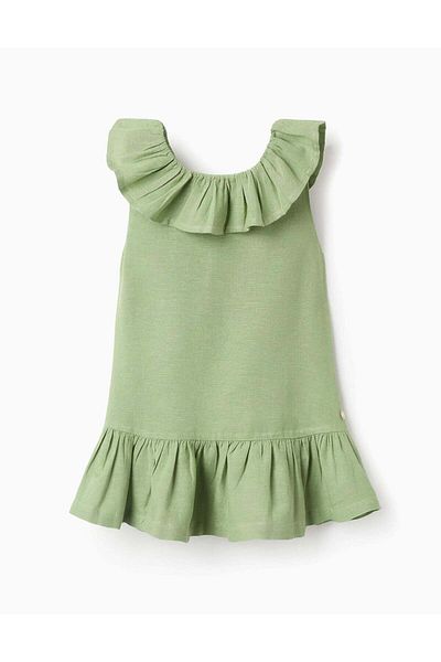 Ziddy Dress with Ruffles in Viscose, Cotton and Linen for Baby Girls, Green