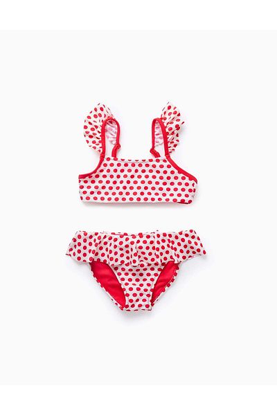 Ziddy Polka Dot Bikini with Ruffles for Girls, White/Red