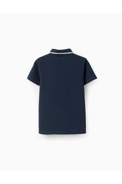 Ziddy Cotton Piqué Polo Shirt with Stripe on the Collar for Boys, Dark Blue