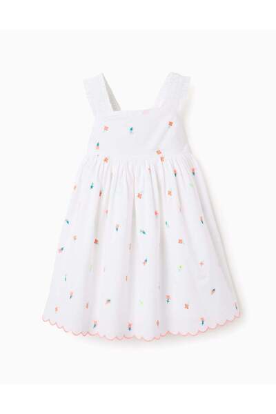 Ziddy Dress with Flower Embroidery for Girls 'B&S', White/Coral
