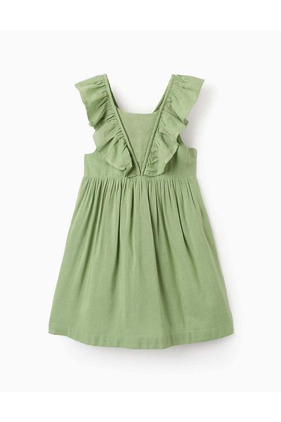 Ziddy Viscose, Cotton and Linen Dress with Ruffles for Girls, Green