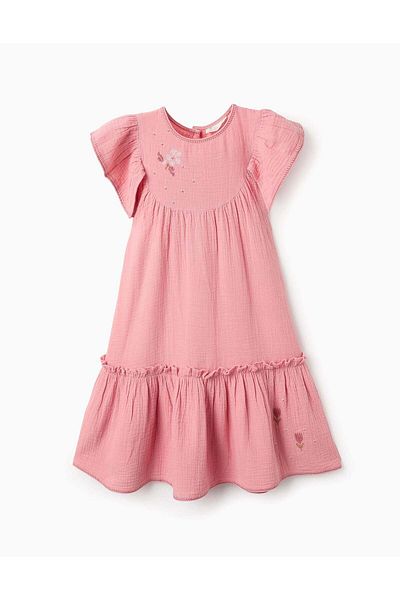 Ziddy Muslin Dress with Cross-Stitch Flowers for Girls, Pink