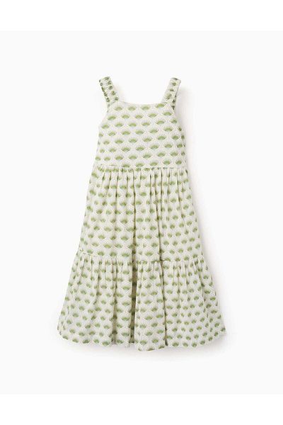 Ziddy Floral Strappy Dress for Girls, White/Green