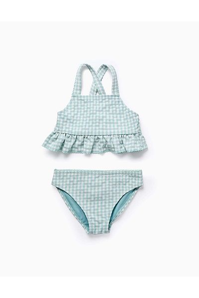 Ziddy Vichy Bikini with Ruffles for Girls 'B&S', Aqua Green
