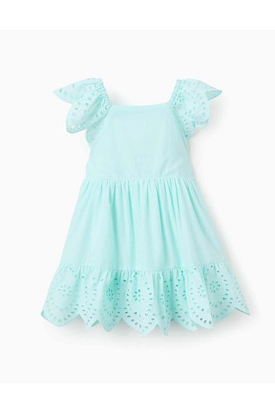 Ziddy Cotton Dress with Broderie Anglaise for Baby Girls, Light Blue