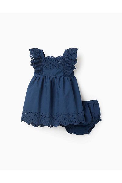 Ziddy Dress + Bloomers with Broderie Anglaise for Baby Girls, Blue
