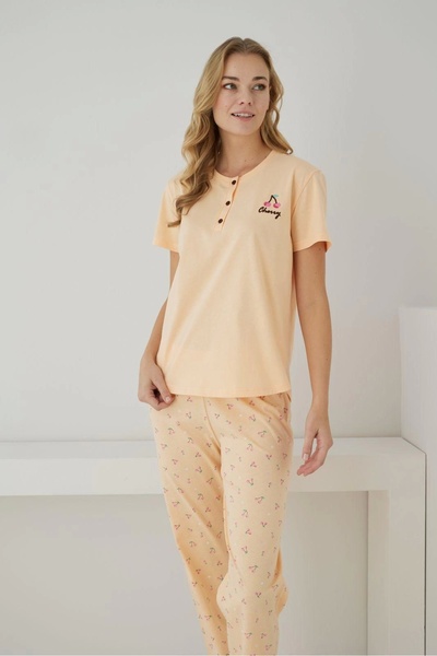 Pijamoni Single Jersey Fabric Buttoned Collar Short Sleeve Orange Pajama Set - 2552