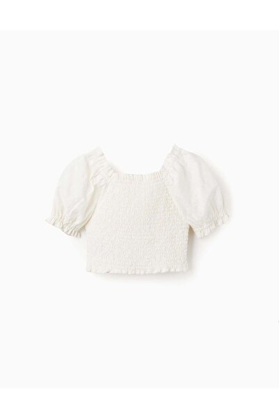 Ziddy Top with Broderie Anglaise and Puff Sleeves for Girls, White