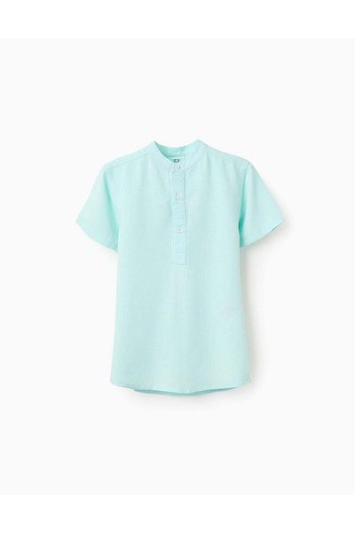 Ziddy Short-Sleeved Shirt with Mao Collar for Boys, Aqua Green