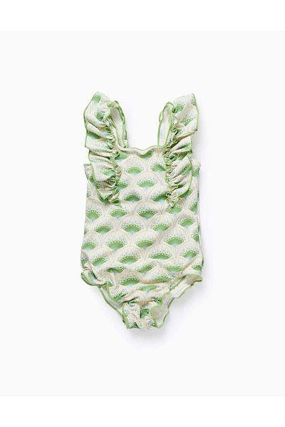 Ziddy Swimsuit with Motif and Ruffles for Baby Girls, Beige/Green