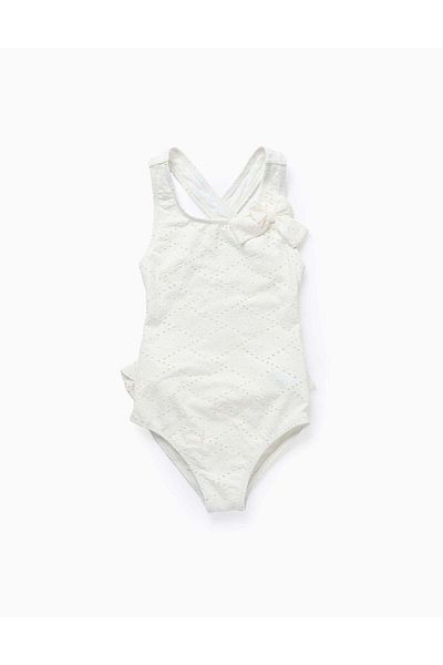 Ziddy Floral Swimsuit with Ruffles and Embroidery for Girls, White