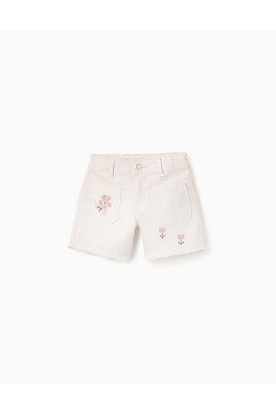 Ziddy Shorts with Cross-Stitch Embroidery for Girls, Beige/Pink